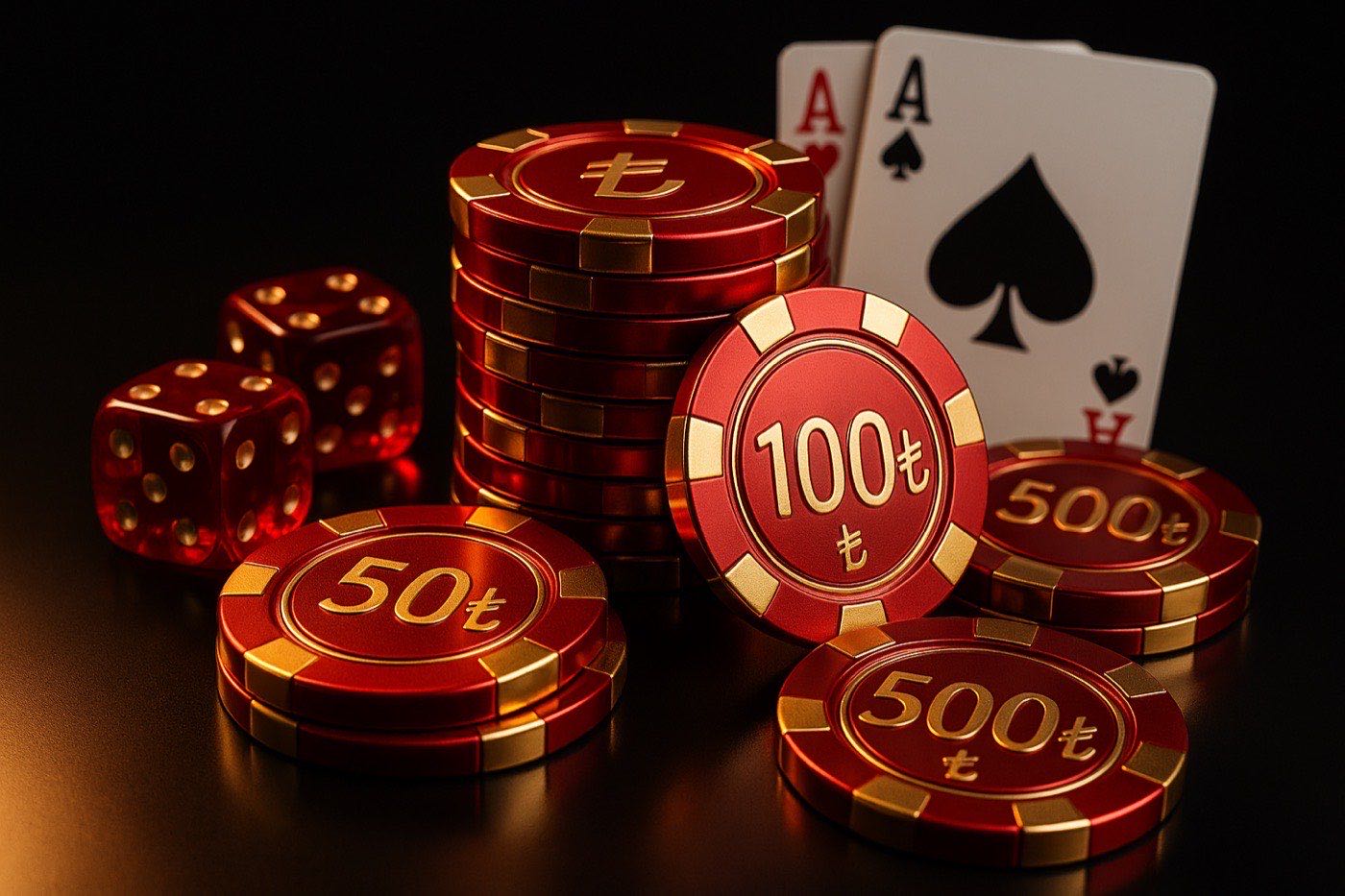 Türk Lirası ₺ değerli parlak kırmızı casino jetonları, zar ve iskambil kağıtları